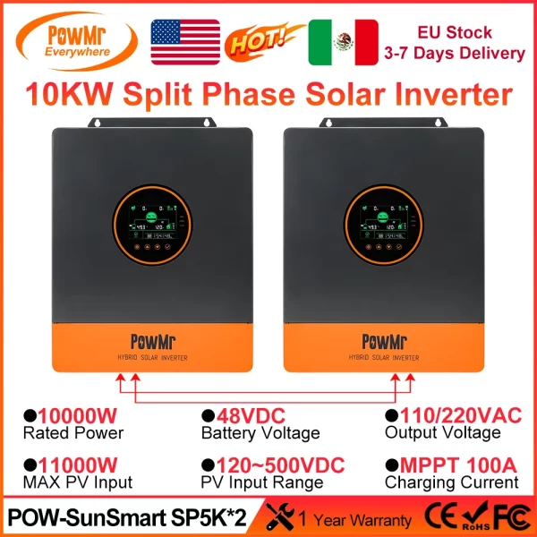 PowMr 10KW Hybrid Solar Inverter 48V Split Phase 110/220V AC Output With MPPT 100A Controller Support Parallel and On/Off-grid